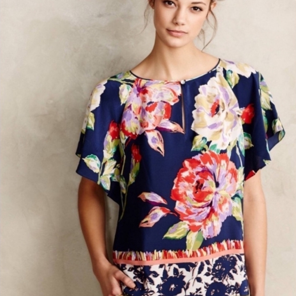 Anthropologie × Maeve Gardenia Floral Silk Blouse Feminine Keyhole Neck 0